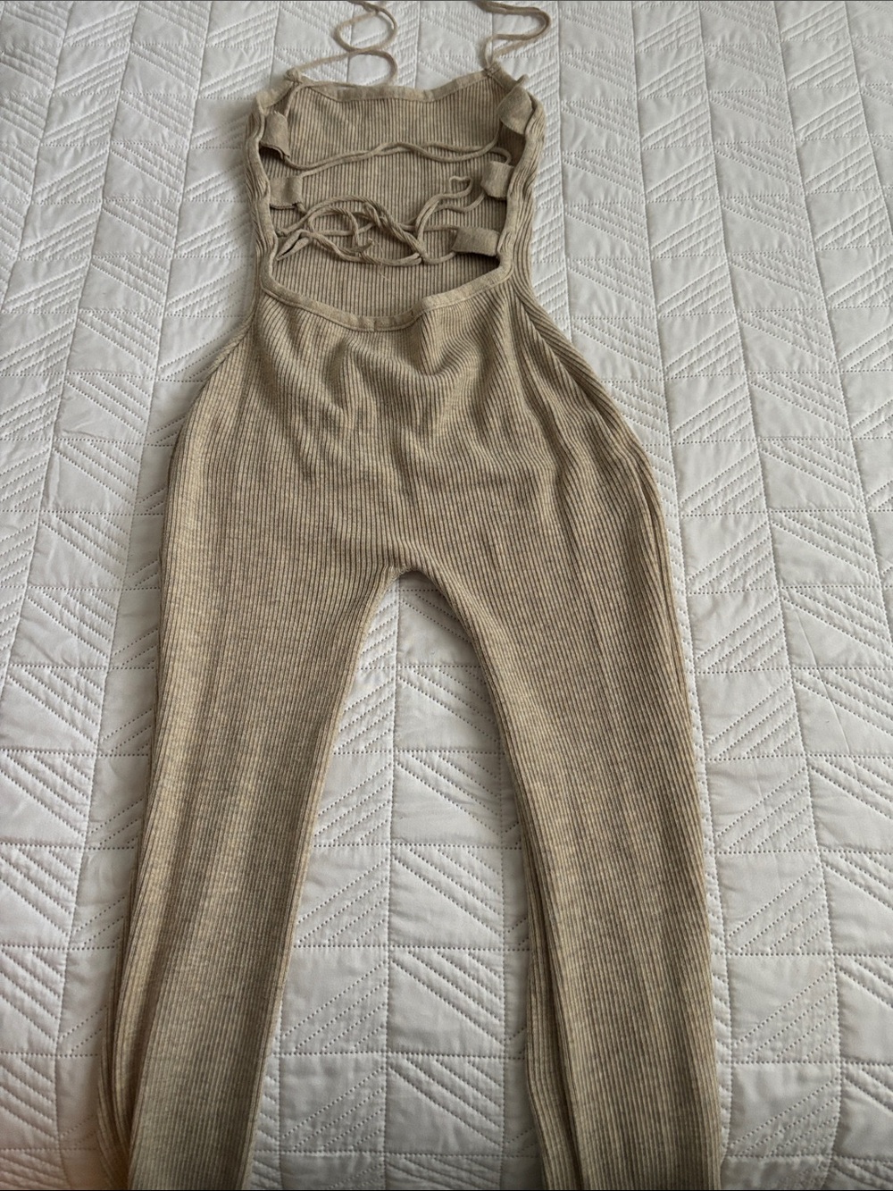 Ribbed Knit Strappy Jumpsuit in Beige